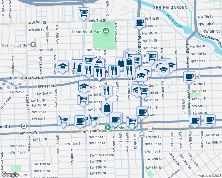 map of restaurants, bars, coffee shops, grocery stores, and more near 1429 Southwest 2nd Street in Miami