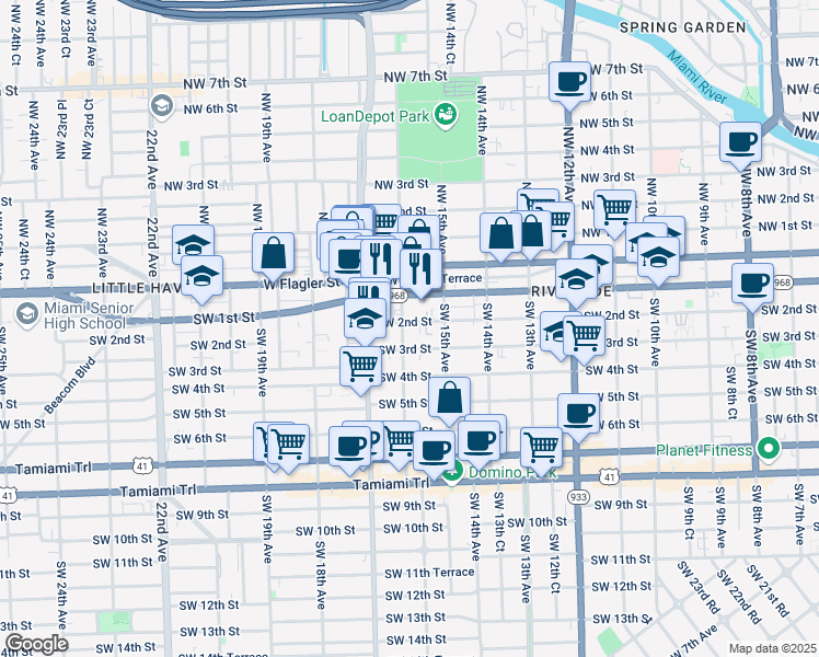 map of restaurants, bars, coffee shops, grocery stores, and more near 1609 Southwest 2nd Street in Miami