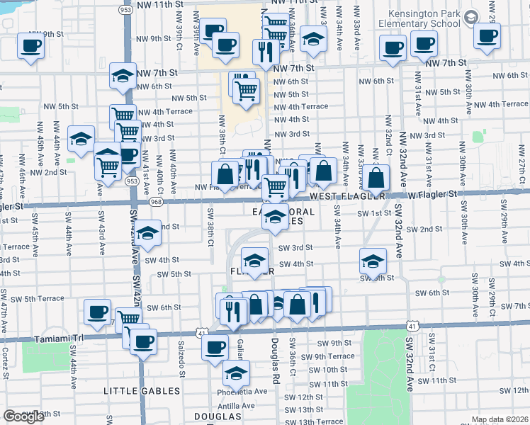 map of restaurants, bars, coffee shops, grocery stores, and more near in Miami