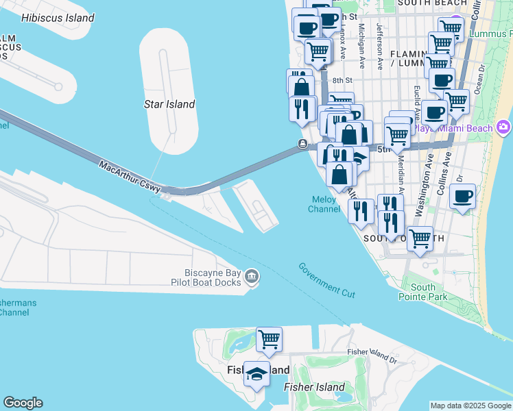 map of restaurants, bars, coffee shops, grocery stores, and more near 100 MacArthur Causeway in Miami Beach