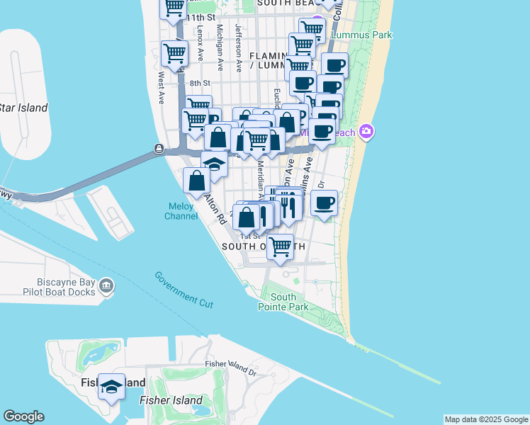 map of restaurants, bars, coffee shops, grocery stores, and more near 2nd Street in Miami Beach