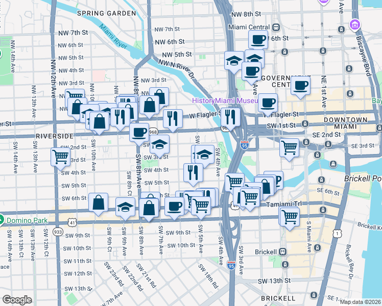 map of restaurants, bars, coffee shops, grocery stores, and more near 536 Southwest 2nd Street in Miami