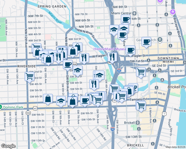 map of restaurants, bars, coffee shops, grocery stores, and more near 536 Southwest 2nd Street in Miami