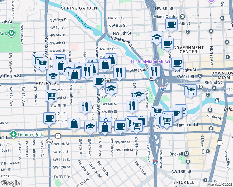 map of restaurants, bars, coffee shops, grocery stores, and more near 634 Southwest 2nd Street in Miami