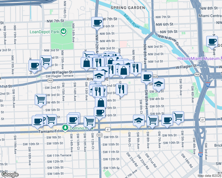 map of restaurants, bars, coffee shops, grocery stores, and more near 1054 Southwest 2nd Street in Miami