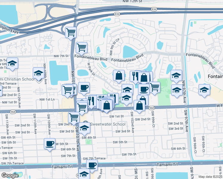 map of restaurants, bars, coffee shops, grocery stores, and more near 330 West Park Drive in Miami