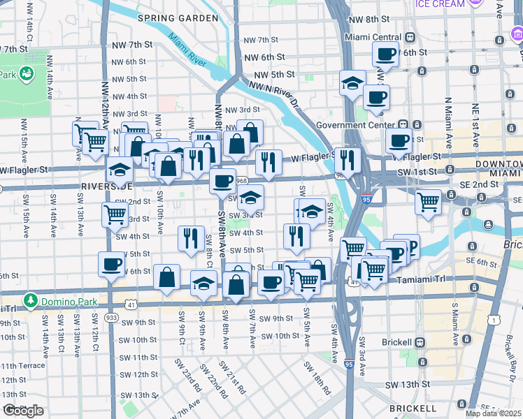 map of restaurants, bars, coffee shops, grocery stores, and more near 634 Southwest 2nd Street in Miami