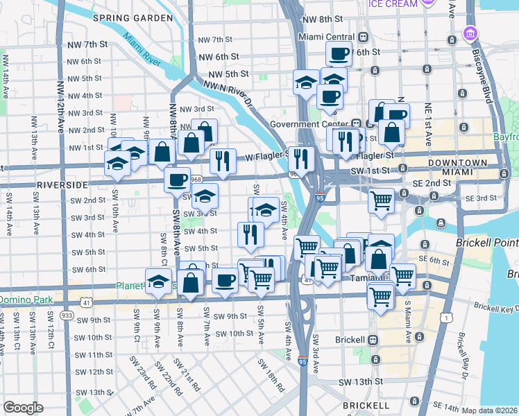 map of restaurants, bars, coffee shops, grocery stores, and more near 479 Southwest 3rd Street in Miami