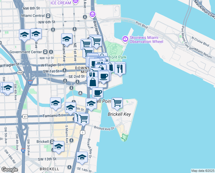 map of restaurants, bars, coffee shops, grocery stores, and more near 405 South Biscayne Boulevard in Miami