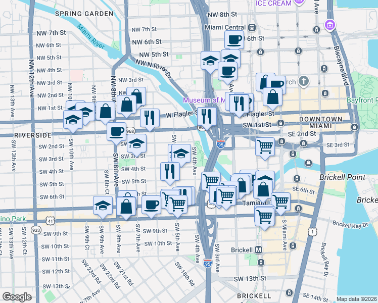map of restaurants, bars, coffee shops, grocery stores, and more near 444 Southwest 2nd Street in Miami