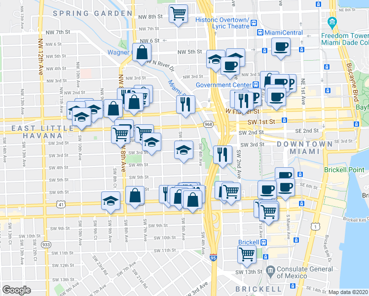 map of restaurants, bars, coffee shops, grocery stores, and more near 444 Southwest 2nd Street in Miami