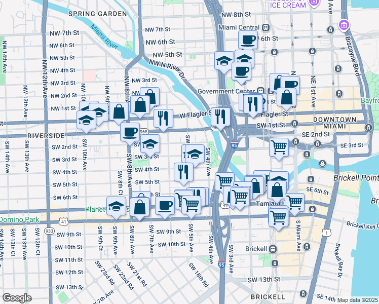 map of restaurants, bars, coffee shops, grocery stores, and more near 444 Southwest 2nd Street in Miami
