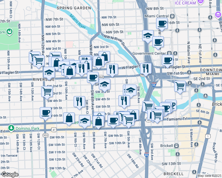 map of restaurants, bars, coffee shops, grocery stores, and more near 634 Southwest 2nd Street in Miami