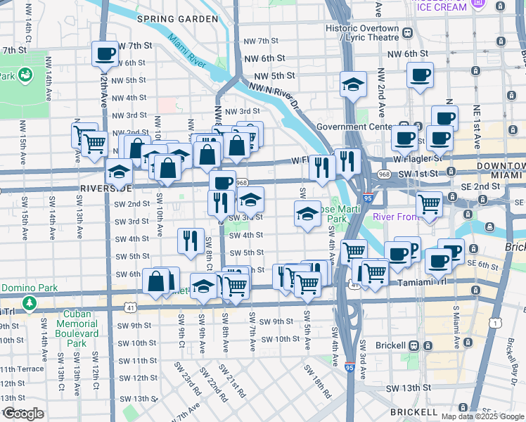 map of restaurants, bars, coffee shops, grocery stores, and more near 634 Southwest 2nd Street in Miami