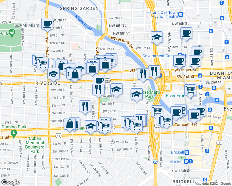 map of restaurants, bars, coffee shops, grocery stores, and more near 634 Southwest 2nd Street in Miami