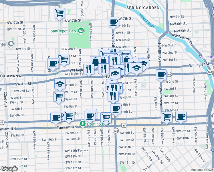 map of restaurants, bars, coffee shops, grocery stores, and more near 1250 Southwest 2nd Street in Miami
