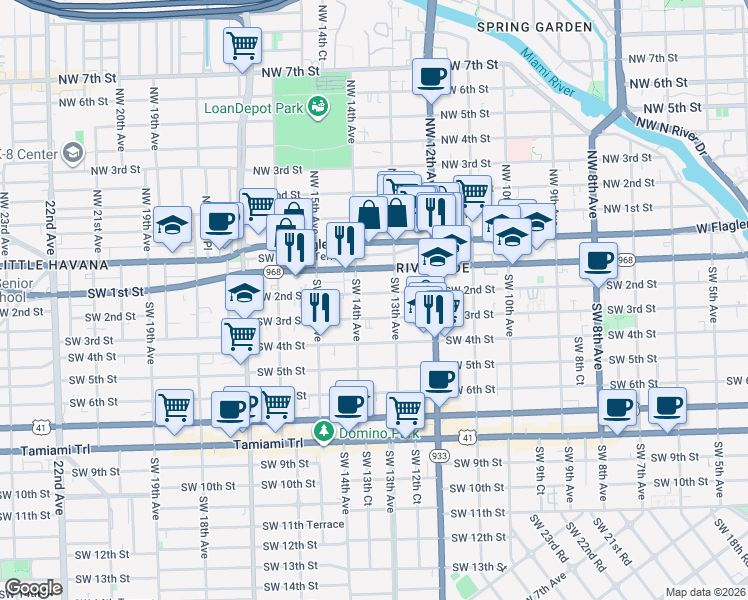 map of restaurants, bars, coffee shops, grocery stores, and more near 1331 Southwest 2nd Street in Miami