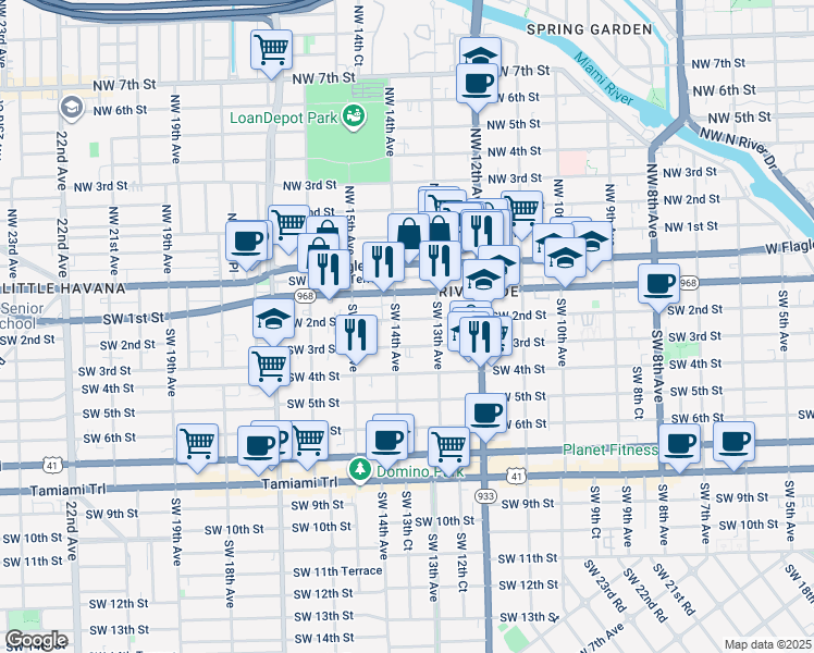 map of restaurants, bars, coffee shops, grocery stores, and more near 1331 Southwest 2nd Street in Miami