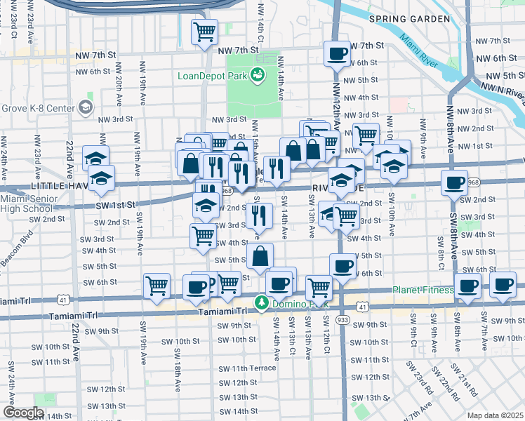 map of restaurants, bars, coffee shops, grocery stores, and more near 1521 Southwest 2nd Street in Miami
