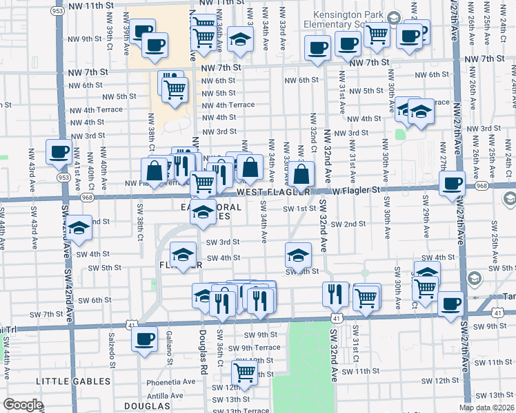 map of restaurants, bars, coffee shops, grocery stores, and more near 38 Southwest 34th Avenue in Miami