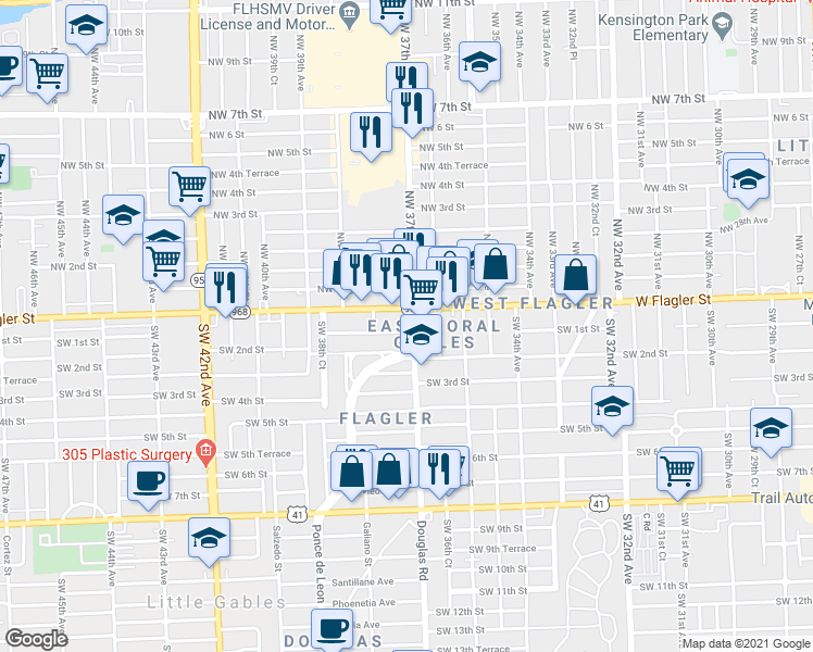 map of restaurants, bars, coffee shops, grocery stores, and more near in Miami