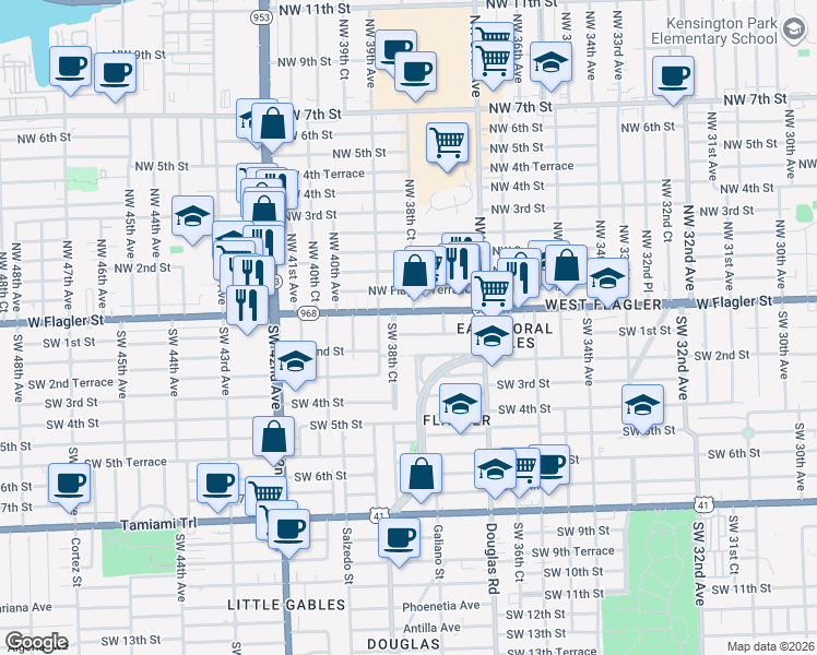 map of restaurants, bars, coffee shops, grocery stores, and more near 3890 Florida 968 in Miami