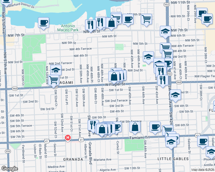 map of restaurants, bars, coffee shops, grocery stores, and more near 4740 Florida 968 in Miami