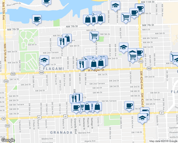map of restaurants, bars, coffee shops, grocery stores, and more near 4740 Florida 968 in Miami