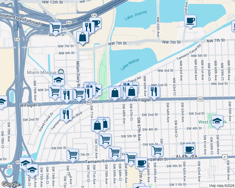map of restaurants, bars, coffee shops, grocery stores, and more near 120 Northwest 68th Court in Miami