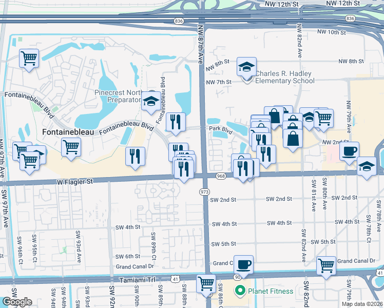 map of restaurants, bars, coffee shops, grocery stores, and more near 40 Northwest 87th Avenue in Miami