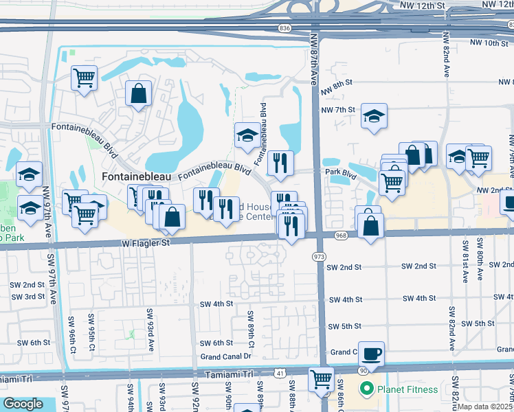 map of restaurants, bars, coffee shops, grocery stores, and more near 2728 Fontainebleau Boulevard in Miami