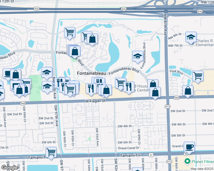 map of restaurants, bars, coffee shops, grocery stores, and more near 9270 Fontainebleau Boulevard in Miami