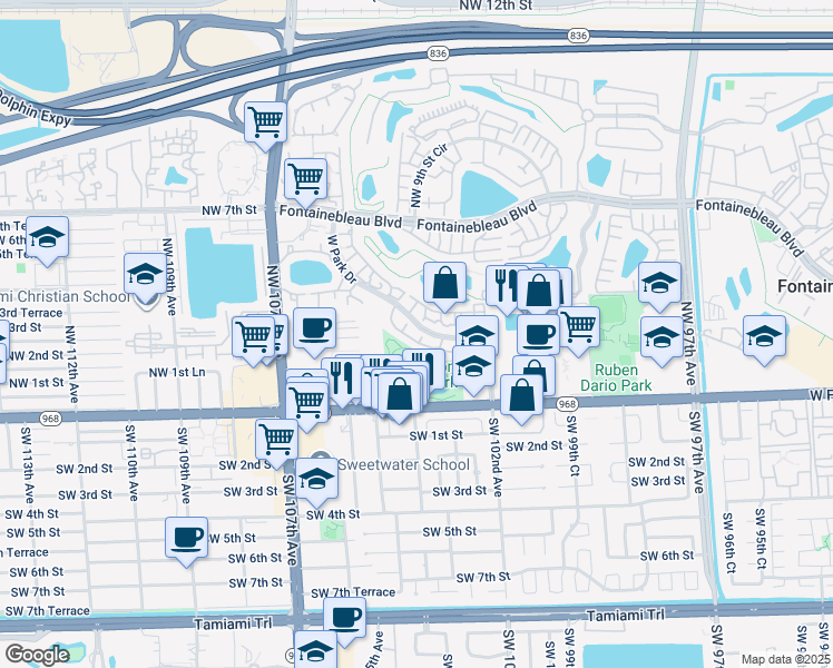 map of restaurants, bars, coffee shops, grocery stores, and more near 219 West Park Drive in Miami