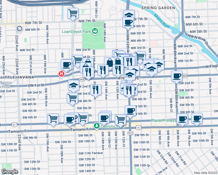 map of restaurants, bars, coffee shops, grocery stores, and more near 1331 Southwest 2nd Street in Miami