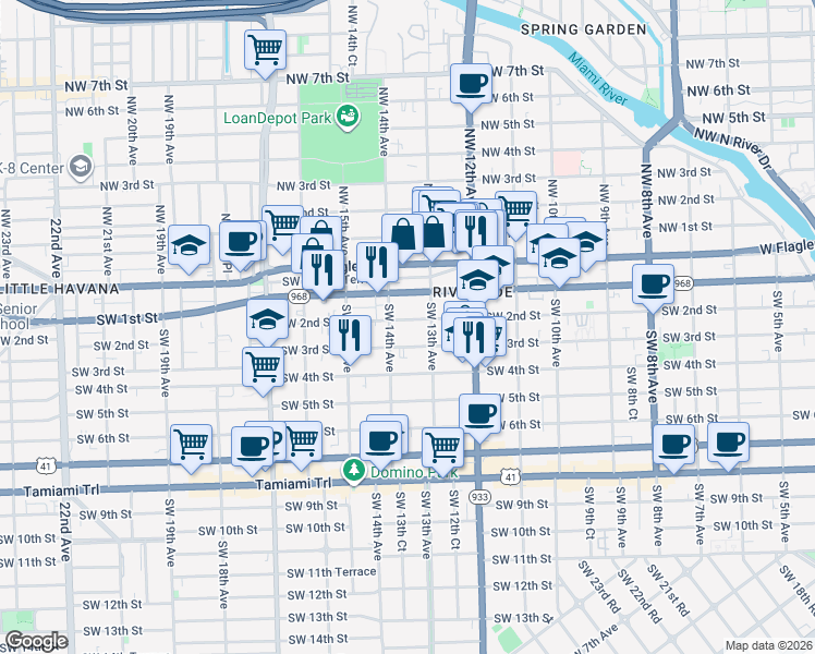 map of restaurants, bars, coffee shops, grocery stores, and more near 1331 Southwest 2nd Street in Miami