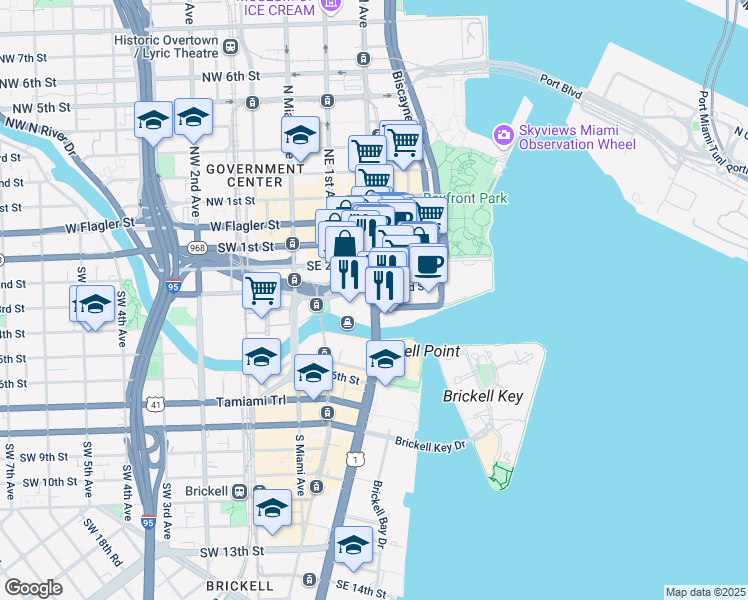 map of restaurants, bars, coffee shops, grocery stores, and more near 355 Southeast 2nd Street in Miami