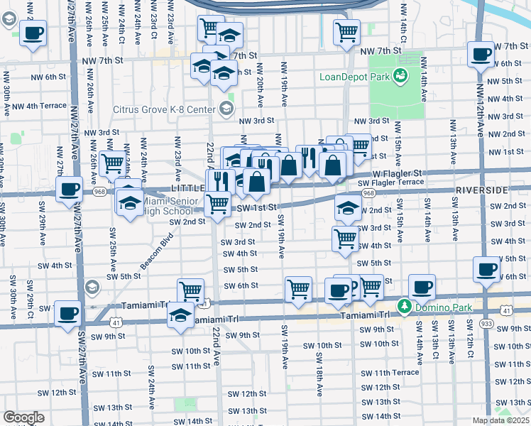 map of restaurants, bars, coffee shops, grocery stores, and more near 1990 Southwest 1st Street in Miami