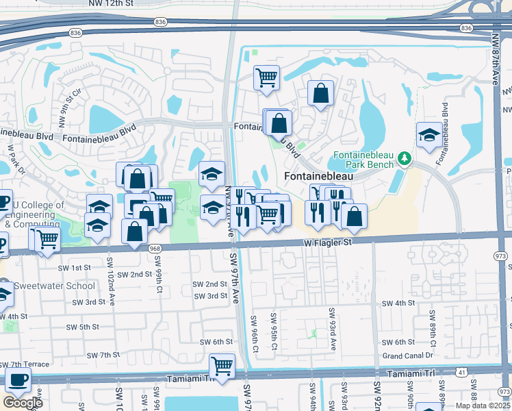 map of restaurants, bars, coffee shops, grocery stores, and more near 161 Northwest 97th Avenue in Miami