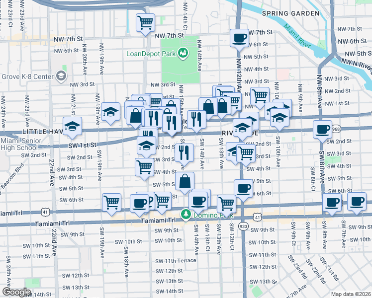 map of restaurants, bars, coffee shops, grocery stores, and more near 1521 Southwest 2nd Street in Miami