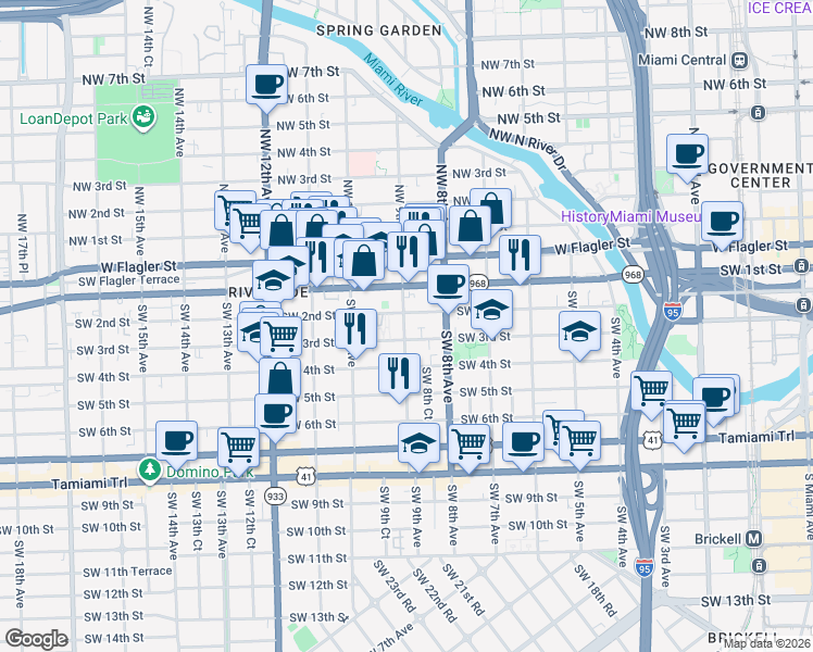 map of restaurants, bars, coffee shops, grocery stores, and more near 902 Southwest 2nd Street in Miami