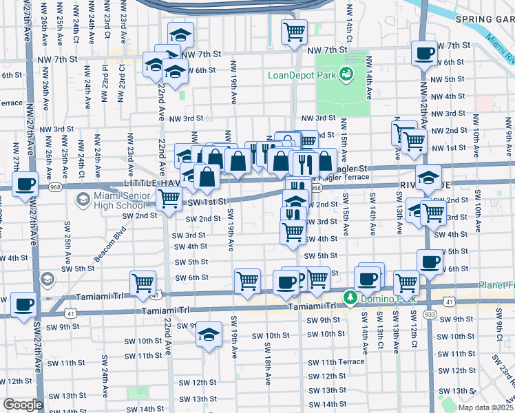 map of restaurants, bars, coffee shops, grocery stores, and more near 103 Southwest 18th Avenue in Miami