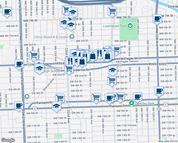 map of restaurants, bars, coffee shops, grocery stores, and more near 1990 Southwest 1st Street in Miami