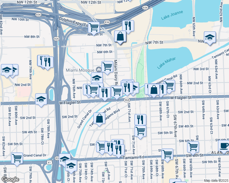 map of restaurants, bars, coffee shops, grocery stores, and more near 70 Northwest Drive in Miami