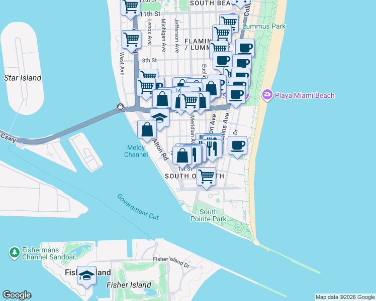 map of restaurants, bars, coffee shops, grocery stores, and more near 220 Meridian Avenue in Miami Beach