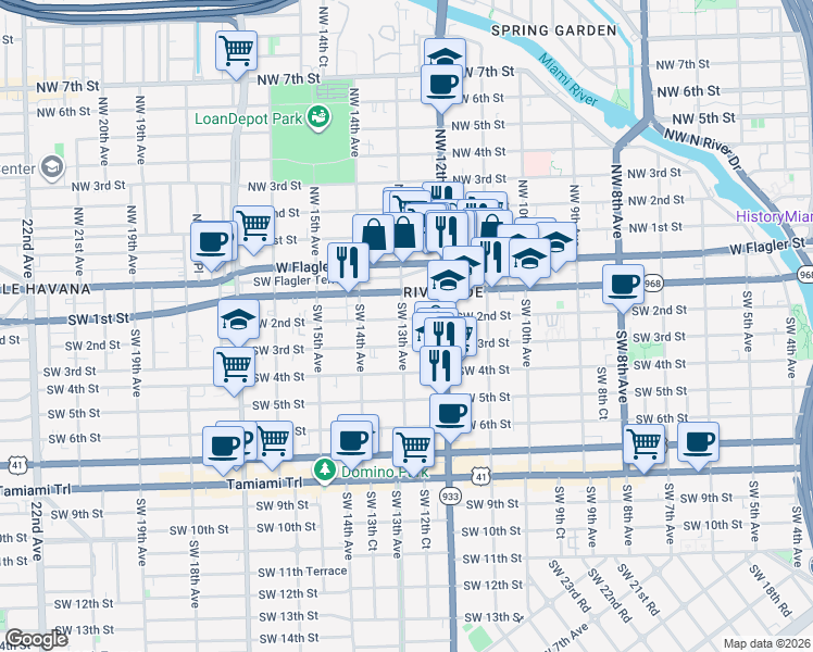 map of restaurants, bars, coffee shops, grocery stores, and more near 1250 Southwest 2nd Street in Miami