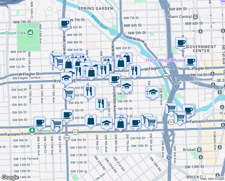 map of restaurants, bars, coffee shops, grocery stores, and more near 200 Southwest 8th Avenue in Miami