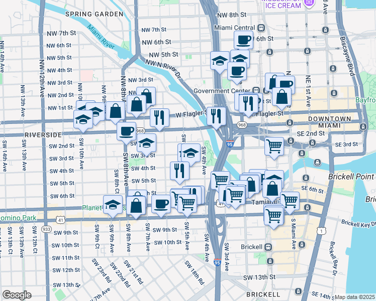 map of restaurants, bars, coffee shops, grocery stores, and more near 444 Southwest 2nd Street in Miami
