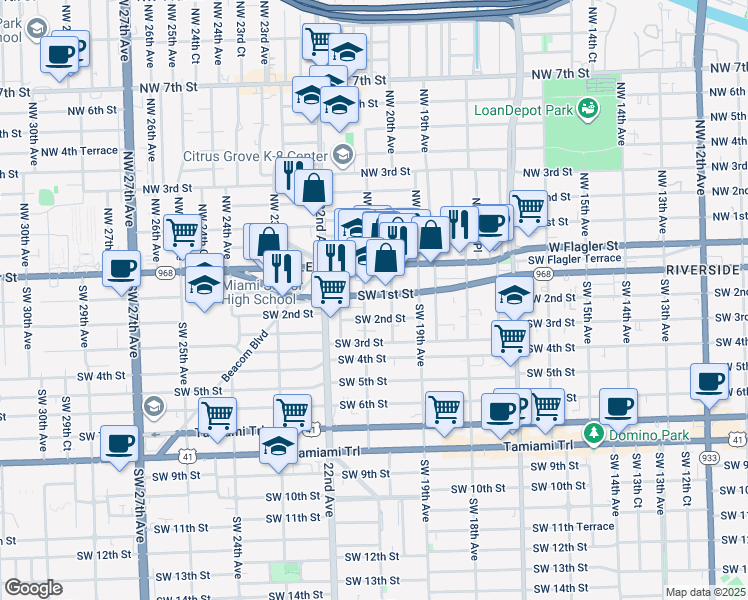 map of restaurants, bars, coffee shops, grocery stores, and more near 2093 Southwest 1st Street in Miami