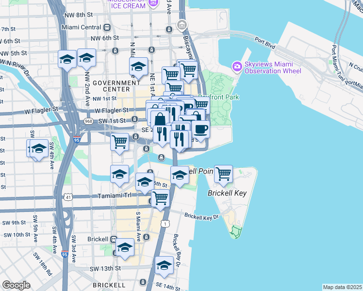 map of restaurants, bars, coffee shops, grocery stores, and more near 355 Southeast 2nd Avenue in Miami