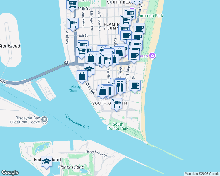 map of restaurants, bars, coffee shops, grocery stores, and more near 220 Meridian Avenue in Miami Beach